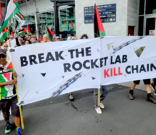 An Auckland protest against Rocket Lab's implication in the Gaza genocide earlier this year