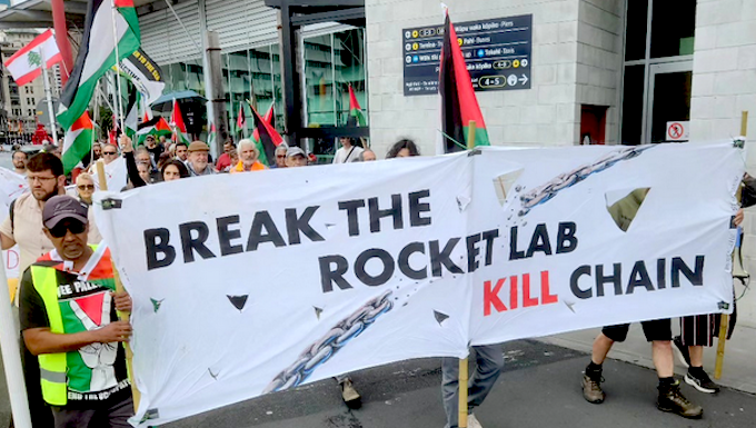 An Auckland protest against Rocket Lab's implication in the Gaza genocide earlier this year