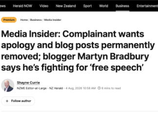 ‘I am now legally censored from even talking about being censored’ – Martyn ‘Bomber’ Bradbury New Zealand Herald's editor-at-large Shayne Currie's "Media Insider" column
