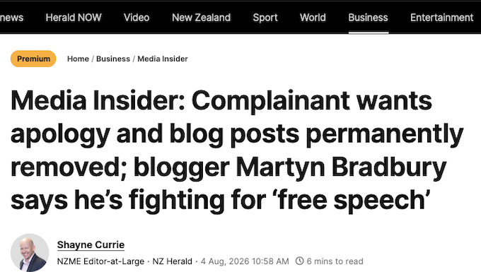 New Zealand Herald's editor-at-large Shayne Currie's "Media Insider" column