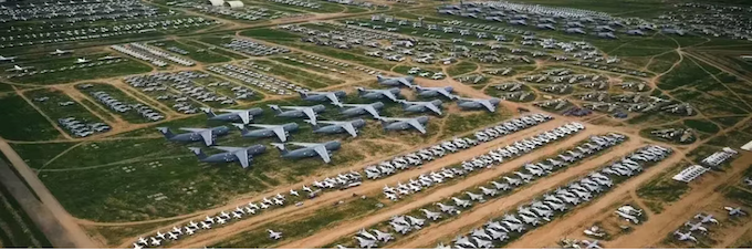 Hectares and hectares of US military equipment shown in a still from the film Earth’s Greatest Enemy