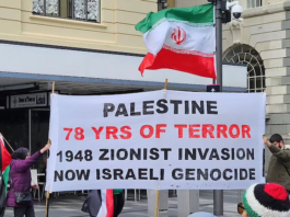 A banner at today's rally in Auckland's Te Komititanga Square