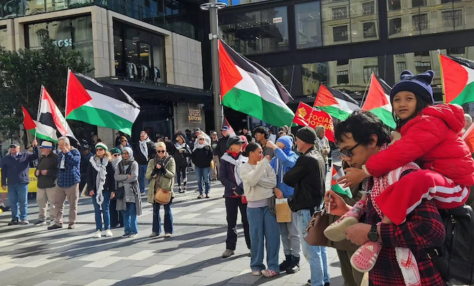 Part of the crowd at today's Palestine rally in Te Komititanga Square