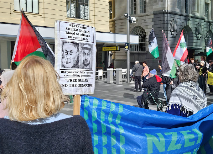 Britomart protest APR 680wide New Zealand protesters against the Israeli genocide in Gaza