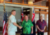 US Deputy Secretary of State Christopher Landau (from left), Cook Islands Prime Minister Mark Brown, and New Zealand Foreign Minister Winston Peters mark the announcement of the Penrhyn port project in Palau