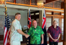 US Deputy Secretary of State Christopher Landau (from left), Cook Islands Prime Minister Mark Brown, and New Zealand Foreign Minister Winston Peters mark the announcement of the Penrhyn port project in Palau