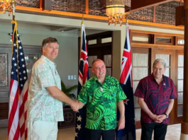 US Deputy Secretary of State Christopher Landau (from left), Cook Islands Prime Minister Mark Brown, and New Zealand Foreign Minister Winston Peters mark the announcement of the Penrhyn port project in Palau