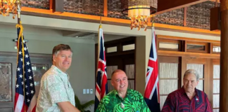 US Deputy Secretary of State Christopher Landau (from left), Cook Islands Prime Minister Mark Brown, and New Zealand Foreign Minister Winston Peters mark the announcement of the Penrhyn port project in Palau