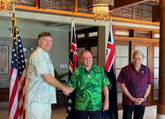 US Deputy Secretary of State Christopher Landau (from left), Cook Islands Prime Minister Mark Brown, and New Zealand Foreign Minister Winston Peters mark the announcement of the Penrhyn port project in Palau