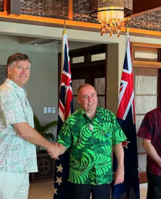 US Deputy Secretary of State Christopher Landau (from left), Cook Islands Prime Minister Mark Brown, and New Zealand Foreign Minister Winston Peters mark the announcement of the Penrhyn port project in Palau