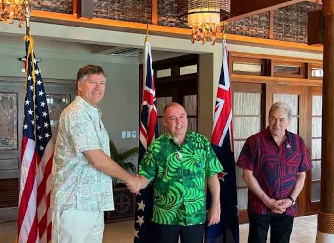 Cooks port project RNZ 680wide US Deputy Secretary of State Christopher Landau (from left), Cook Islands Prime Minister Mark Brown, and New Zealand Foreign Minister Winston Peters mark the announcement of the Penrhyn port project in Palau