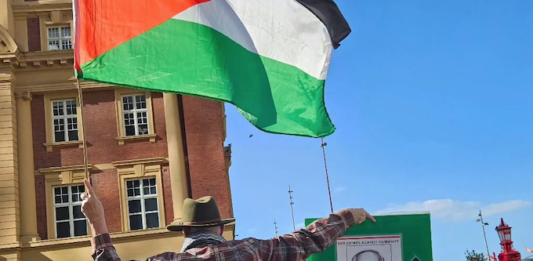 Palestine protesters renew ‘don’t buy Israeli’ pledge, demand NZ sanction Israel Protester Craig Tynan "shows the flag"