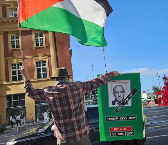 Protester Craig Tynan "shows the flag"