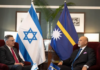 Israel's Foreign Minister Gideon Sa'ar (left) with Naoero's Vice-President Lionel Aingimea in Suva earlier this year