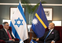 Israel's Foreign Minister Gideon Sa'ar (left) with Naoero's Vice-President Lionel Aingimea in Suva earlier this year
