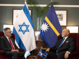 Israel's Foreign Minister Gideon Sa'ar (left) with Naoero's Vice-President Lionel Aingimea in Suva earlier this year