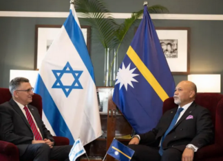 Israel's Foreign Minister Gideon Sa'ar (left) with Naoero's Vice-President Lionel Aingimea in Suva earlier this year