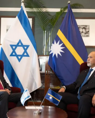 ‘Easy decision’ – Naoero becomes third Pacific Islands Forum member with Jerusalem embassy Israel's Foreign Minister Gideon Sa'ar (left) with Naoero's Vice-President Lionel Aingimea in Suva earlier this year