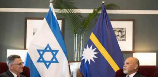 Israel's Foreign Minister Gideon Sa'ar (left) with Naoero's Vice-President Lionel Aingimea in Suva earlier this year