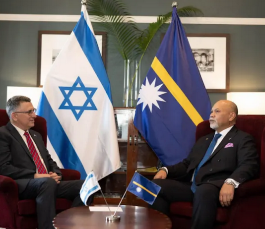 Israel's Foreign Minister Gideon Sa'ar (left) with Naoero's Vice-President Lionel Aingimea in Suva earlier this year