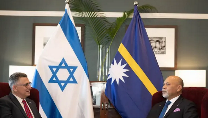 Israel's Foreign Minister Gideon Sa'ar (left) with Naoero's Vice-President Lionel Aingimea in Suva earlier this year