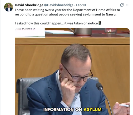 Australian Green Senator David Shoebridge seeking information from the Department of Home Affairs