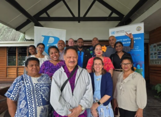UN adviser tells Pacific journalists to probe ‘accountability’ in climate change, disaster funding Pacific Islands News Association (PINA) president Kalafi Moala (front, second from left) with participants of the Climate Change and Corruption roundtable