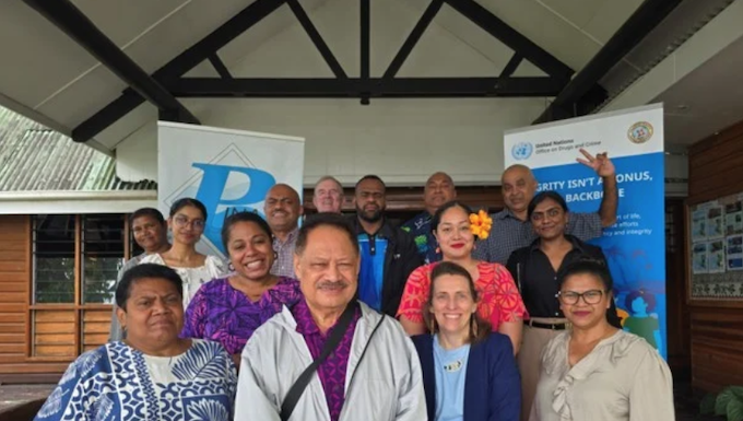 UN adviser tells Pacific journalists to probe ‘accountability’ in climate change, disaster funding Pacific Islands News Association (PINA) president Kalafi Moala (front, second from left) with participants of the Climate Change and Corruption roundtable