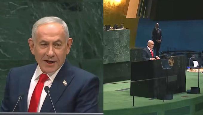 Israeli Prime Minister Benjamin Netanyahu, wanted on an International Criminal Court warrant for alleged war crimes and crimes against humanity, begins his controversial speech at UNGA