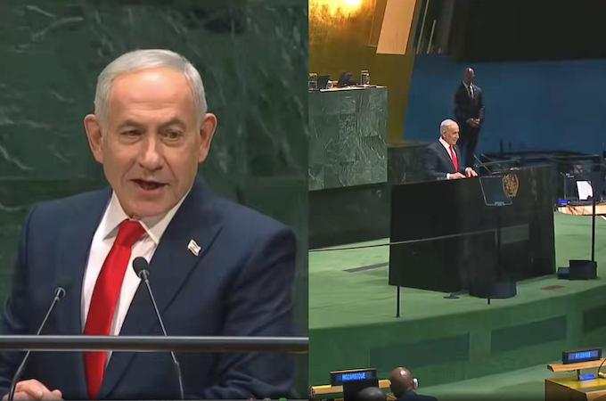 Netanyahu at UNGA 1 UN 680wide Israeli Prime Minister Benjamin Netanyahu, wanted on an International Criminal Court warrant for alleged war crimes and crimes against humanity, begins his controversial speech at UNGA