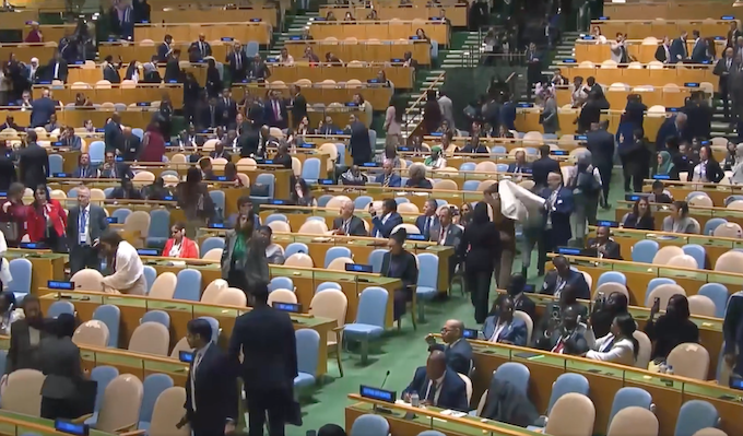 Delegates from scores of countries walk out of the UNGA chamber to protest against far-right fugitive Israeli Prime Minister Benjamin Netanyahu’s presence