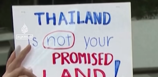 Thai protesters gathered outside the Israeli Embassy in Bangkok condemn the behaviour of Israeli tourists