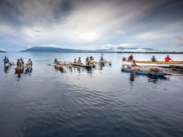 Islanders in outrigger canoes selling tropical fruits off Dobu in the Solomon Sea