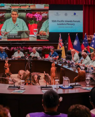 Leaders at the round table for the 55th Pacific Islands Forum Leaders Meeting Plenary in Koror, Palau
