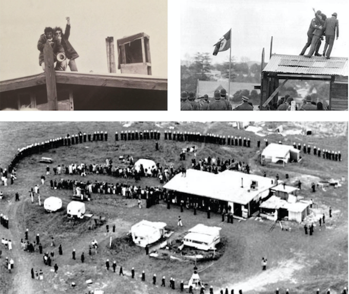 Doc Ngaheu and Roger Fowler (top left) on the lookout on the roof of Arohanui