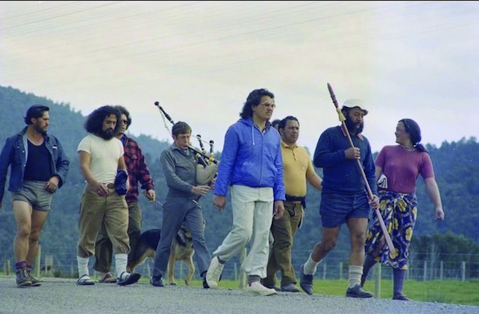 Ōkaihau College student Scotty Alexander, with his bagpipes, took the morning off school to support the Māori Land March in 1975 