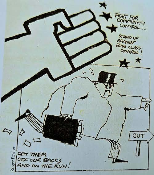 “Fight for community control” . . . a cartoon in the People’s Union newspaper