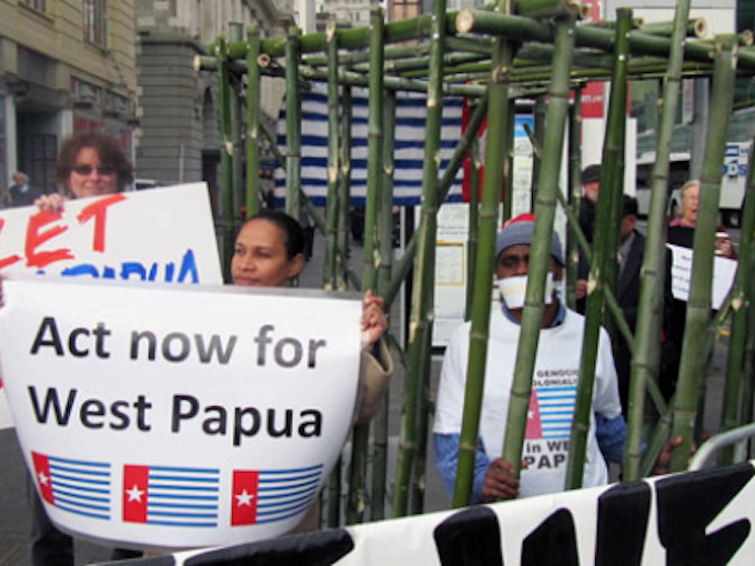 Paula Makabory PMC 680wide West Papuan activist Paula Makabory (centre, holding banner) at a protest in Auckland in 2011