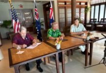 NZ Foreign Minister Winston Peters (from left), Cook Islands Prime Minister Mark Brown and the US Deputy State Secretary, Christopher Landau