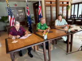 NZ Foreign Minister Winston Peters (from left), Cook Islands Prime Minister Mark Brown and the US Deputy State Secretary, Christopher Landau