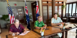 US pushes critical minerals agenda in Cook Islands with Penrhyn ‘lifeline’ NZ Foreign Minister Winston Peters (from left), Cook Islands Prime Minister Mark Brown and the US Deputy State Secretary, Christopher Landau