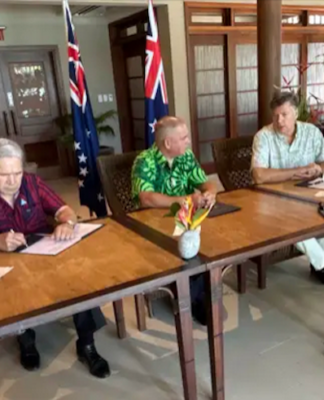 NZ Foreign Minister Winston Peters (from left), Cook Islands Prime Minister Mark Brown and the US Deputy State Secretary, Christopher Landau