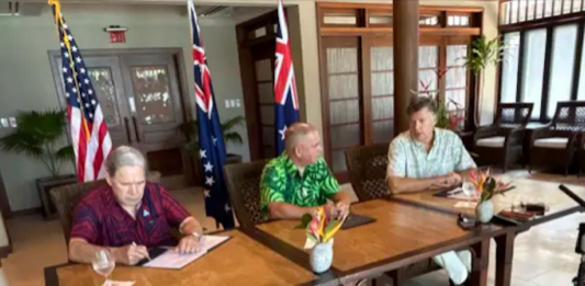 NZ Foreign Minister Winston Peters (from left), Cook Islands Prime Minister Mark Brown and the US Deputy State Secretary, Christopher Landau