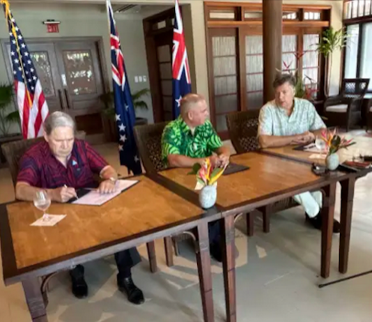US pushes critical minerals agenda in Cook Islands with Penrhyn ‘lifeline’ NZ Foreign Minister Winston Peters (from left), Cook Islands Prime Minister Mark Brown and the US Deputy State Secretary, Christopher Landau