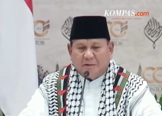 Indonesia's President Prabowo speaking dressed in a keffiyeh