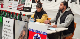 Facilitators at a New Zealand public protest meeting in Auckland this week planning for a Global March for Palestine on October 10