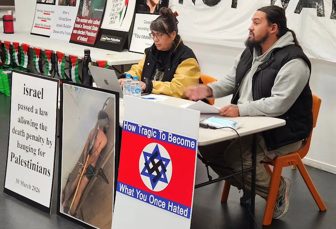 Public meeting facilitators APR 680wide Facilitators at a New Zealand public protest meeting in Auckland this week planning for a Global March for Palestine on October 10