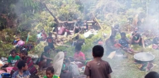 A makeshift West Papuan refugee camp in Puncak Regency after dozens of villagers were displaced from their community by armed conflict in February