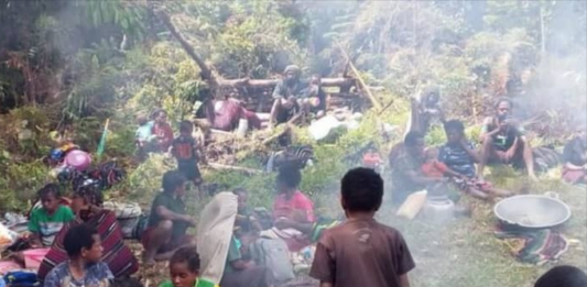 A makeshift West Papuan refugee camp in Puncak Regency after dozens of villagers were displaced from their community by armed conflict in February