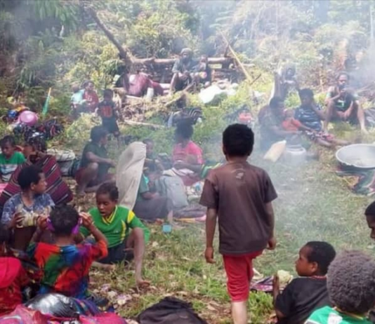 A makeshift West Papuan refugee camp in Puncak Regency after dozens of villagers were displaced from their community by armed conflict in February